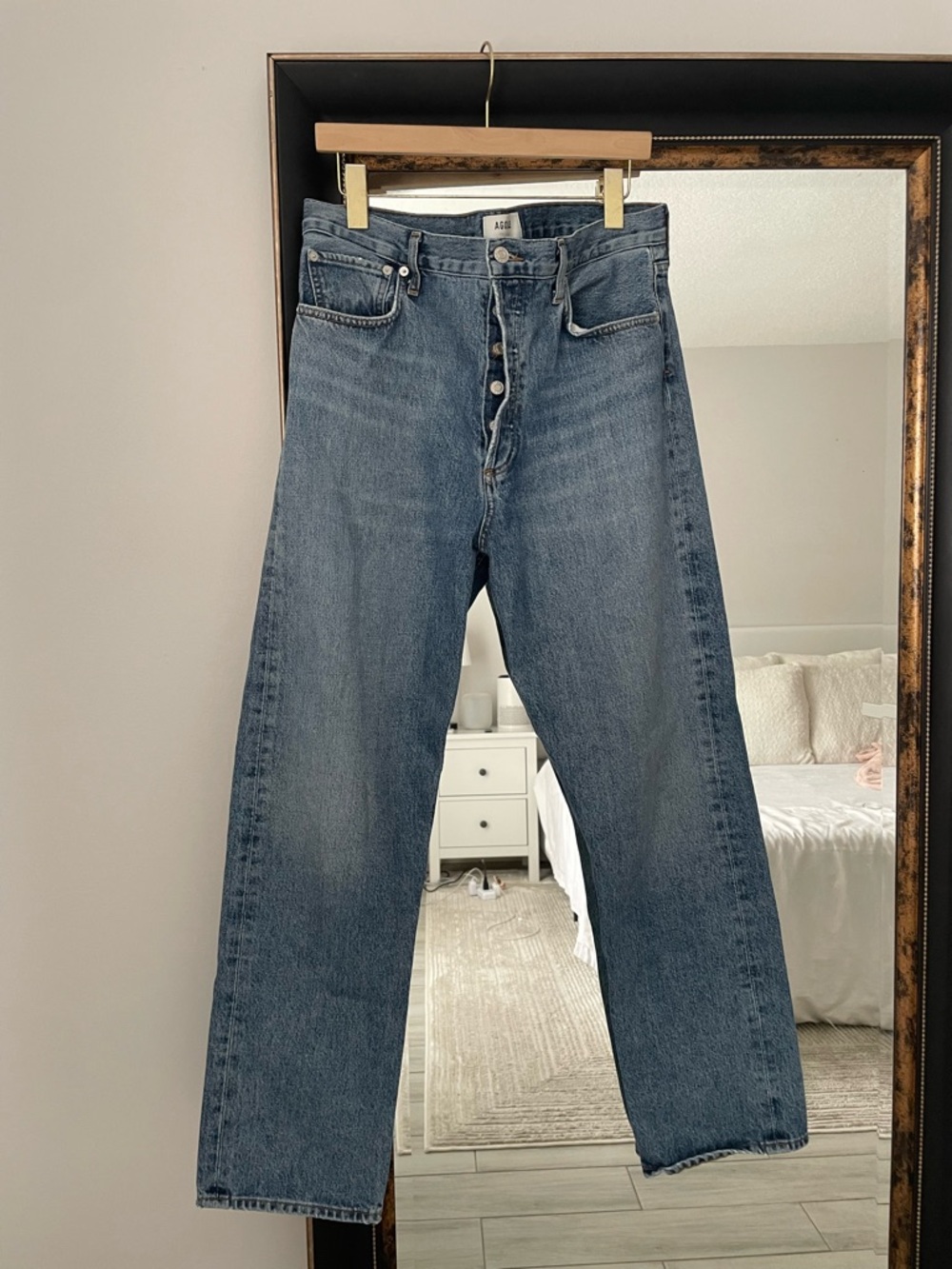 Agolde Button-Front High Rise Straight Leg Jeans in Medium Blue - Picture 2 of 6